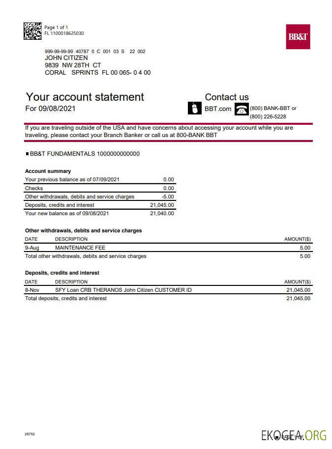 Modèle de relevé de compte bancaire USA Caroline du Nord BB&T Corp. au format Excel et PDF